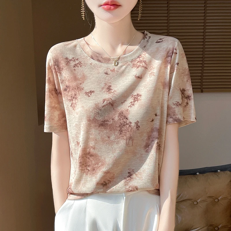 

Summer New Fashion Short-Sleeved T-shirt Knitted Round Neck Thin Print Loose Bottoming Shirt