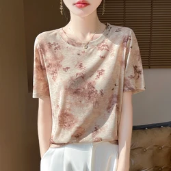 Summer New Fashion Short-Sleeved T-shirt Knitted Round Neck Thin Print Loose Bottoming Shirt