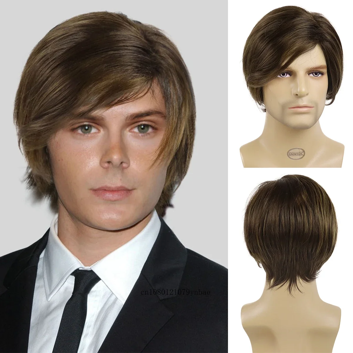 Synthetic Men's Short Brown Wig with Bangs Natural Hairstyles Male Hairpieces Soft Hair Replacement Wigs Daily Party Costume