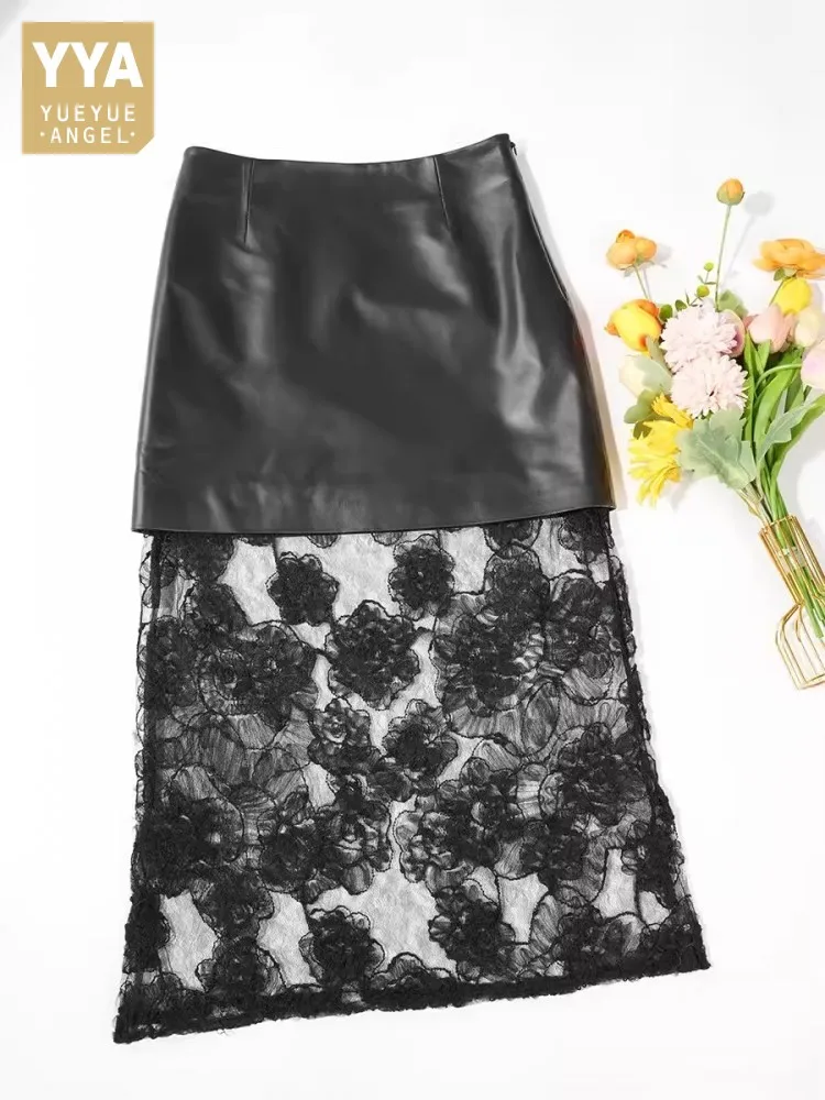 

New Elegant Women Floral Lace Spliced Sheepskin Genuine Leather Skirt Slim Fit Mid Long High Waist Office Ladies Work Wrap Skirt