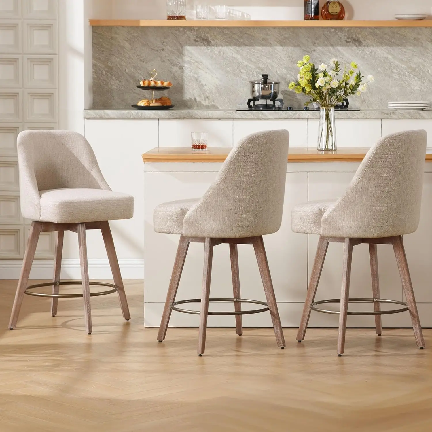 Counter Height Bar Stools Set of 3,Modern Mid-Century Swivel Barstools with Backs&Wood Legs, Linen Fabric Upholstered Bar Chairs