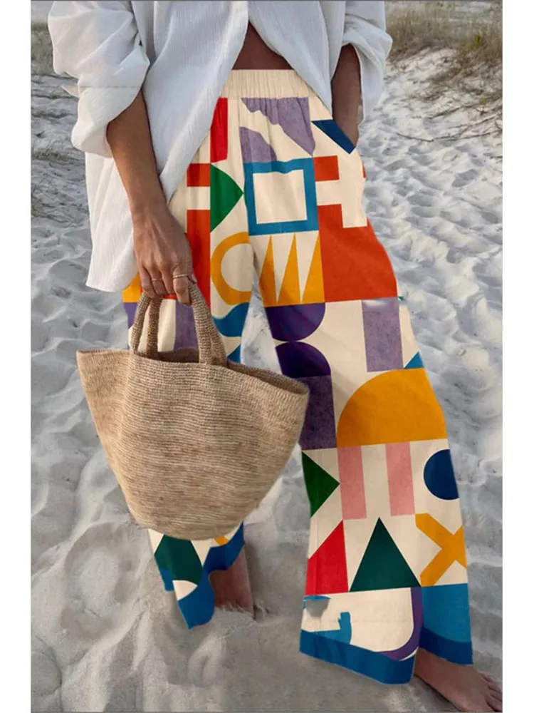 ใหม่สบายๆกางเกงหลวมกีฬากางเกงขากว้างLadyฤดูใบไม้ผลิฤดูร้อนแฟชั่นBeach Partyพิมพ์กางเกง 2025 เสื้อผ้าสตรี