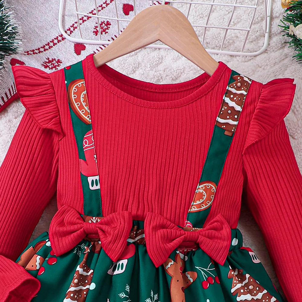 Girls Autumn Winter Fake Two Piece Spliced Dress With Christmas Style Printed Headband Socks For Holiday Party Daily Casual Wear 4
