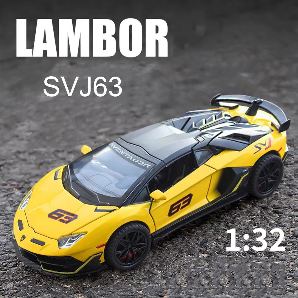 

1:32 Lambor SVJ63 Модели автомобилей Игрушки из сплава, литые под давлением двери, открытые спортивные автомобили, резиновые шины, миниатюрные автомобили, украшение для офисного стола