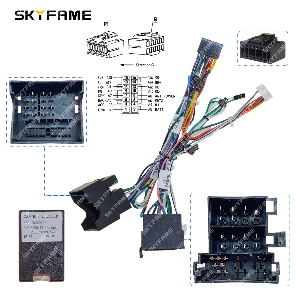 SKYFAME รถ 16pin สายไฟอะแดปเตอร์กล่อง Canbus ถอดรหัส Android วิทยุสายไฟสําหรับ Benz B200 W211 Viano Vito W209 S320
