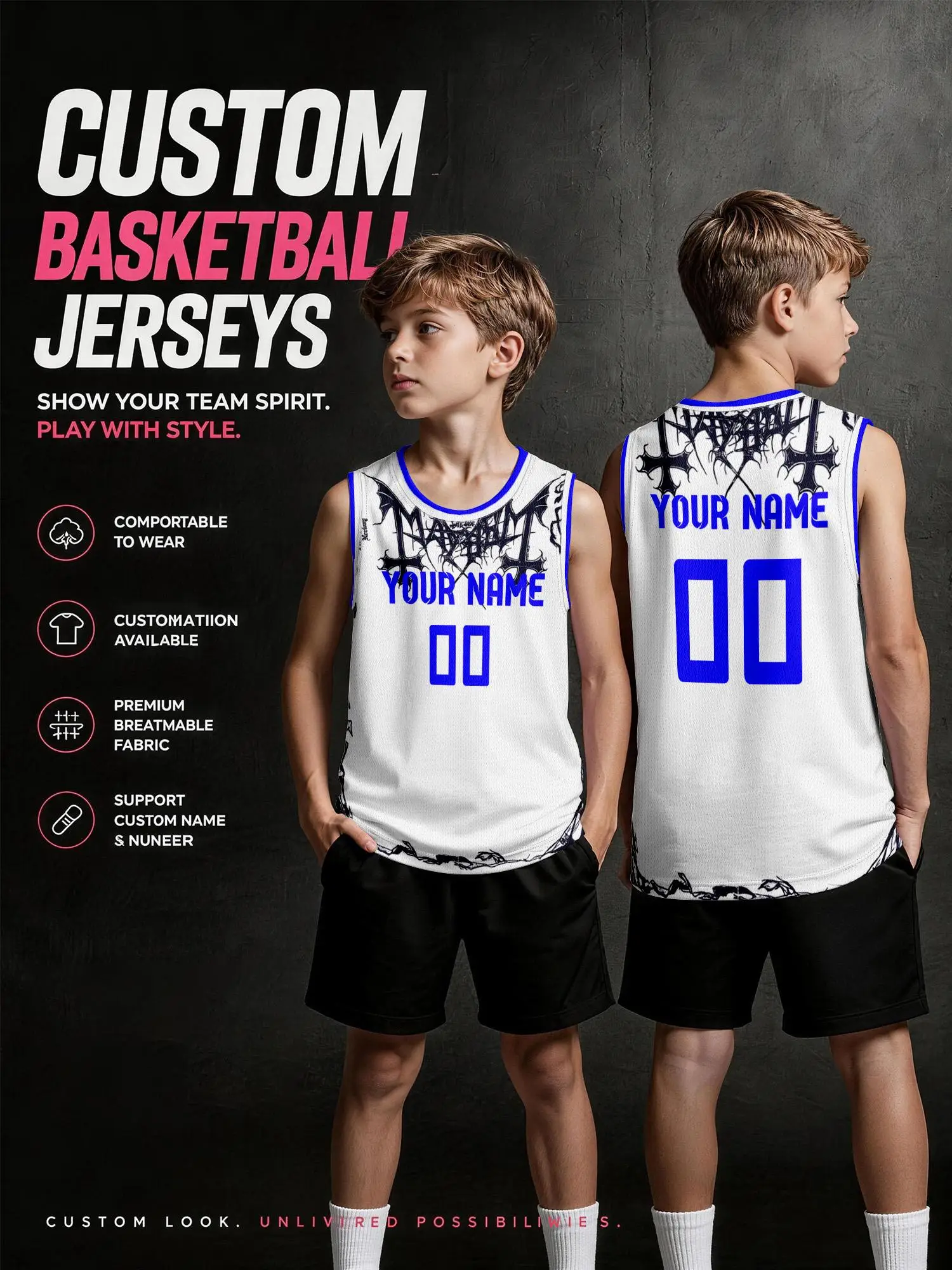 White Gothic Cross Print Custom Basketball Jersey, DIY Name & Number, Breathable Quick‑Dry Set For Adults & Kids