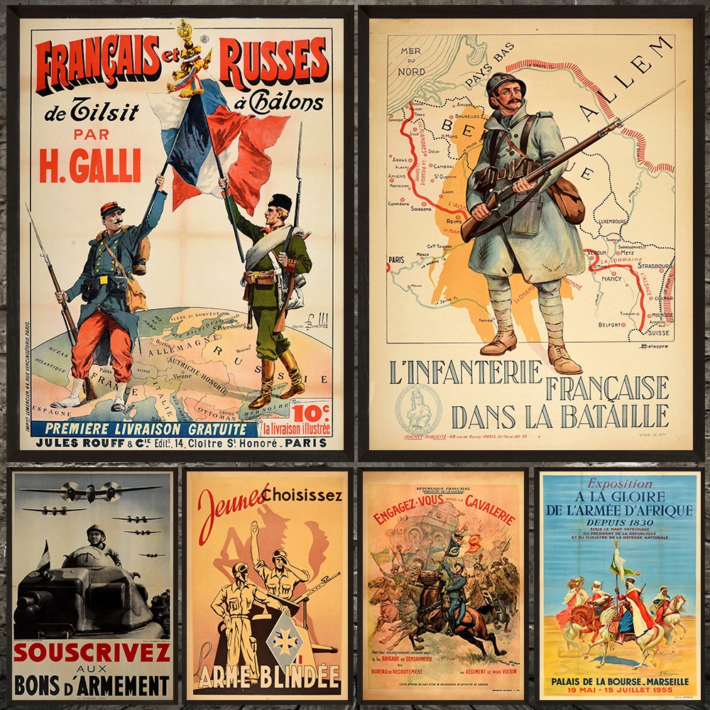 Vintage French Military Recruitment Poster Print, Antique Ww1 & Wwii Illustrated Wall Art Canvas Painting For Living Room Decor