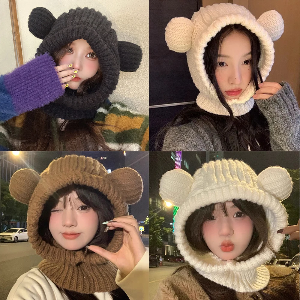 Cartoon Bear Women One-piece Hat Winter Thickened Cold Resistant Neck Protection Scarf Cap Korean Style Cute Knitted Woolen Hat