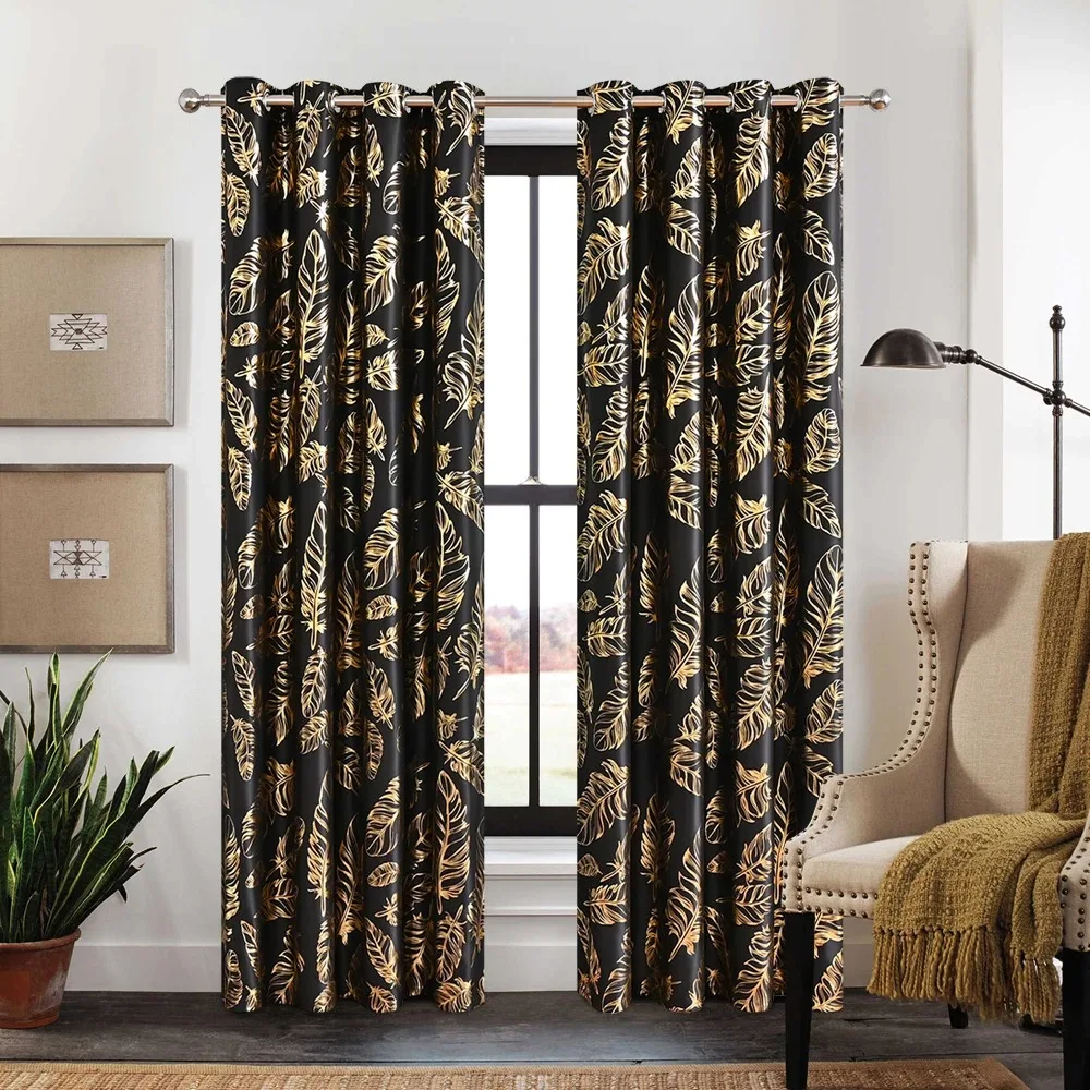 Gold Stamping Feather Printed Curtain for Bedroom Living Room Kitchen Elegant Luxury Blackout Curtain Cutom Size