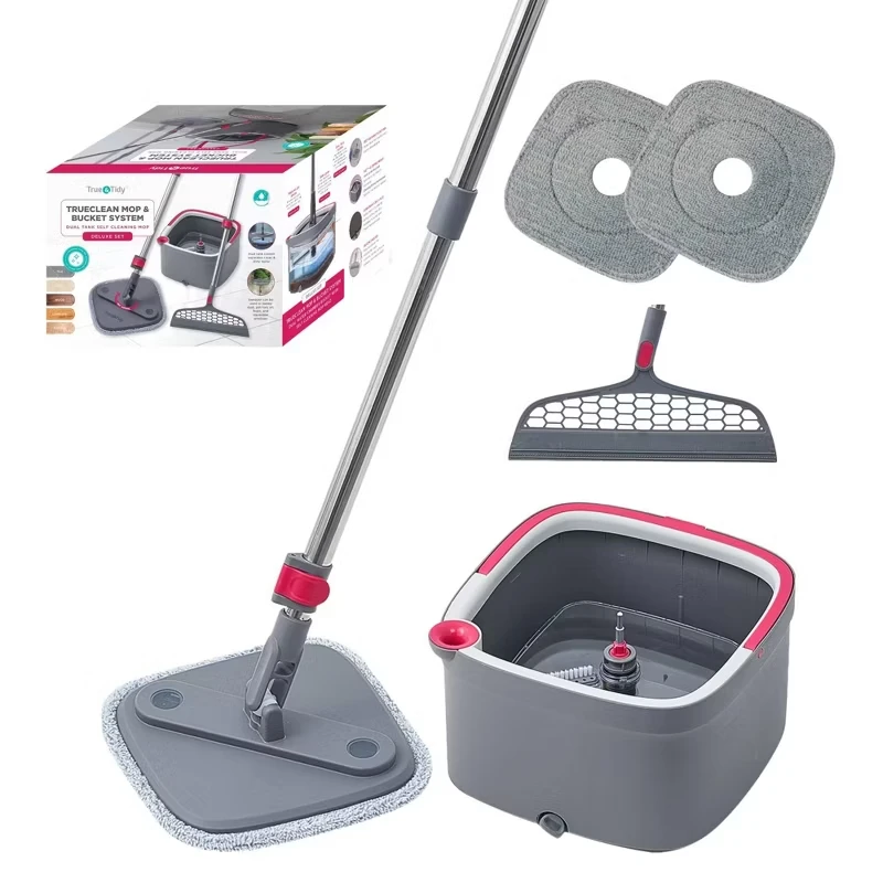 True & Tidy TrueClean Spin Mop & Bucket System with Silicone Sweeper Menage Nettoyage Accessoires  Floor Cleaning Mop