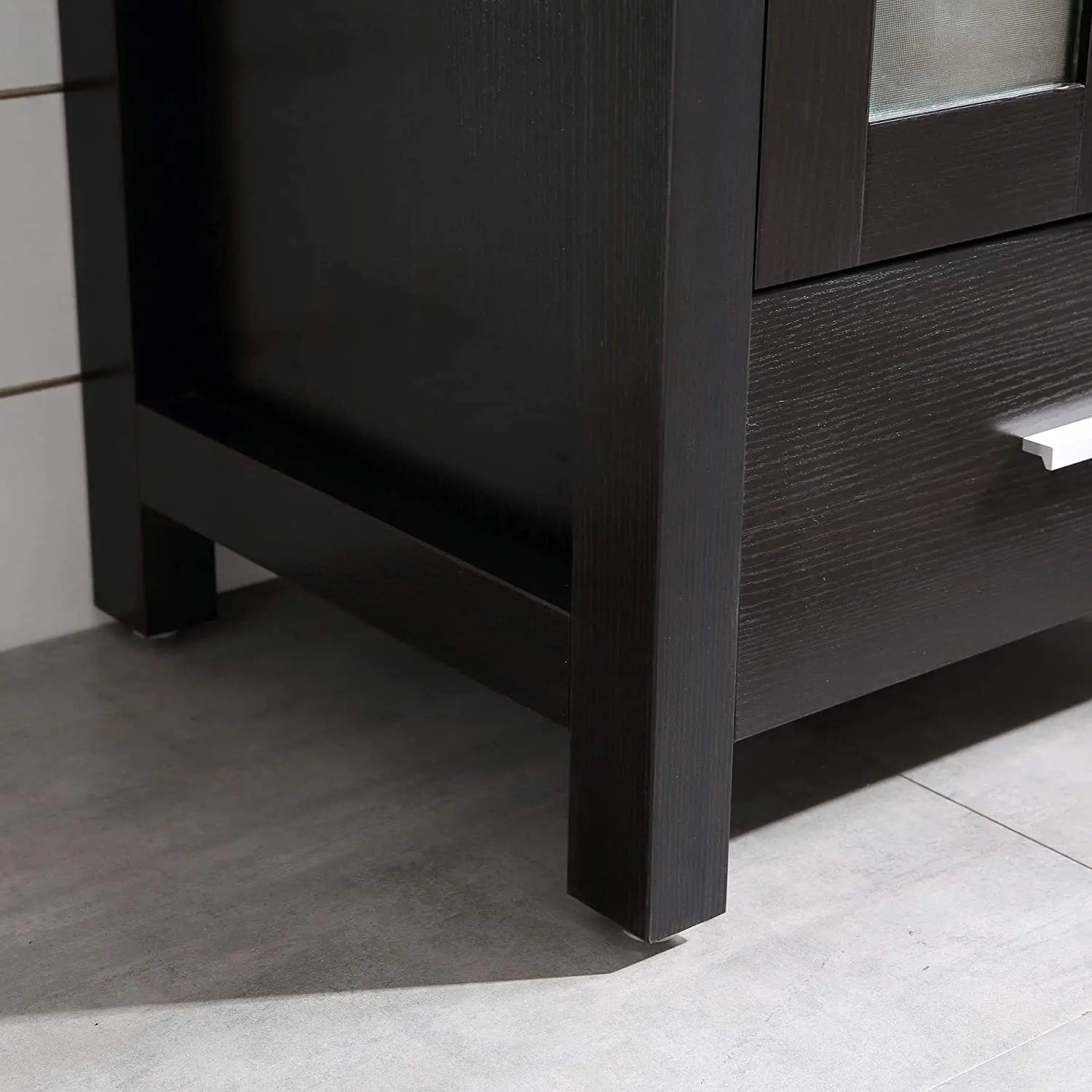 Tocador de baño de vidrio, mueble con doble tapa, textura de madera negra, moderno, con desagüe y espejo