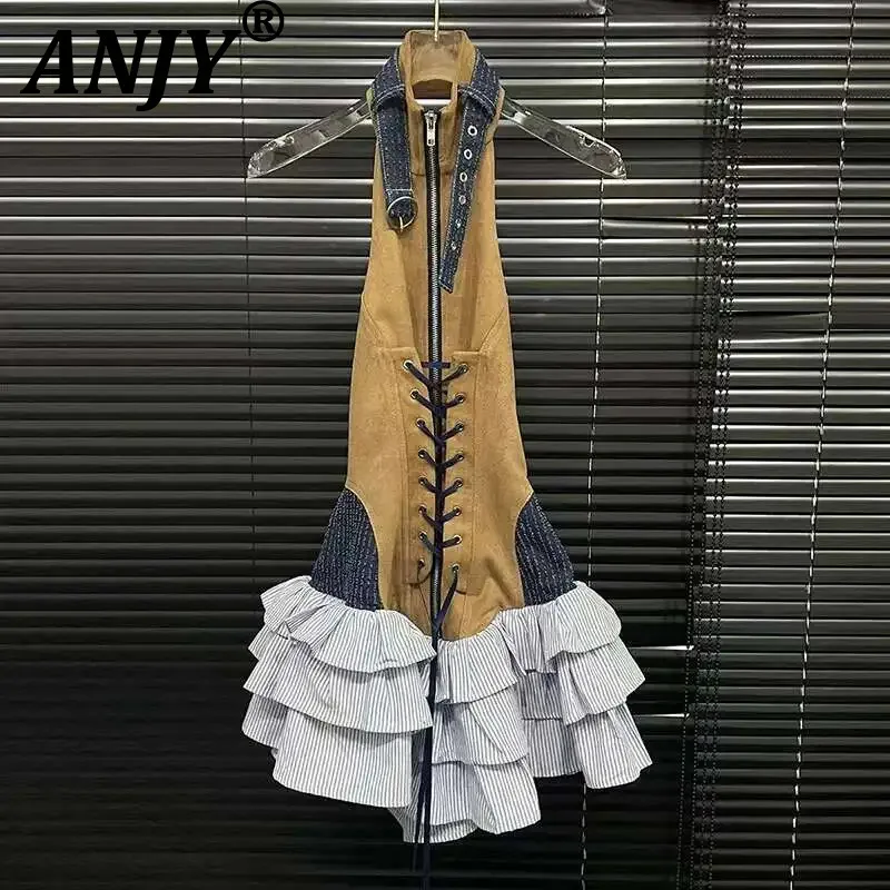 

ANJY Summer New Women Fashion Tide Retro Rivet Sexy Halter Sleeveless Dress Chic Ins Backless Strap Slim Fit Cake Dresses A11235