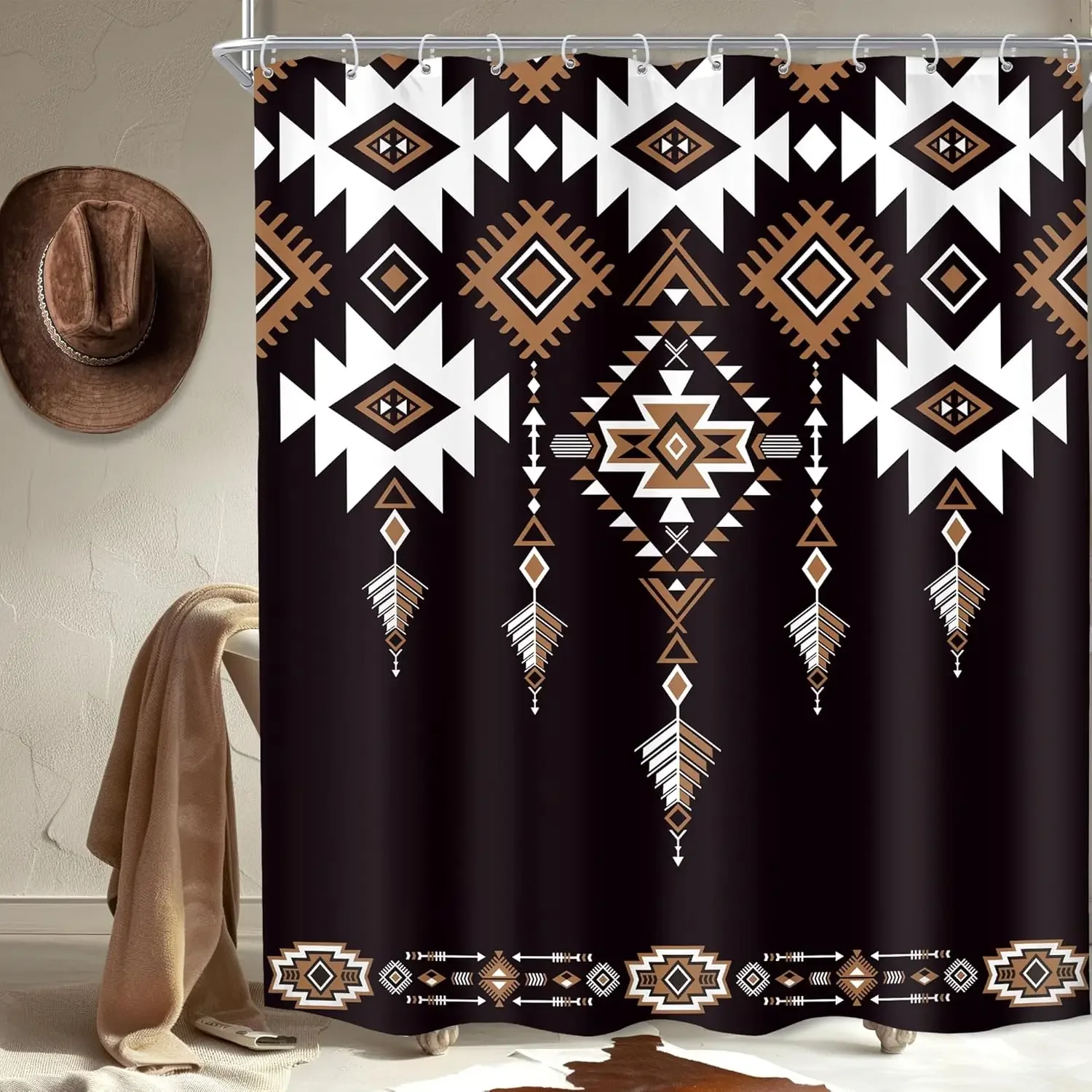 Black Aztec Western Shower Curtain for Bathroom Decor Abstract Boho Geometric Tribal Ethnic Retro American Brown Tan Simple