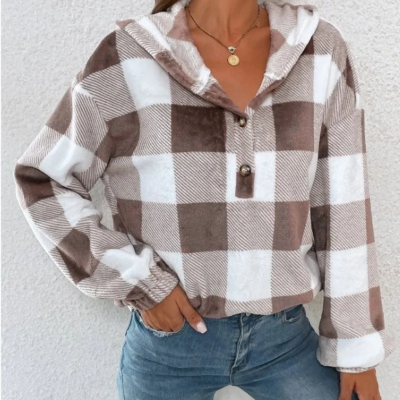 Autumn and Winter Women's Pullover Solid Plaid Half Open Collar Button Hooded Loose Fit Sweater Fashion Elegant Commuter Tops