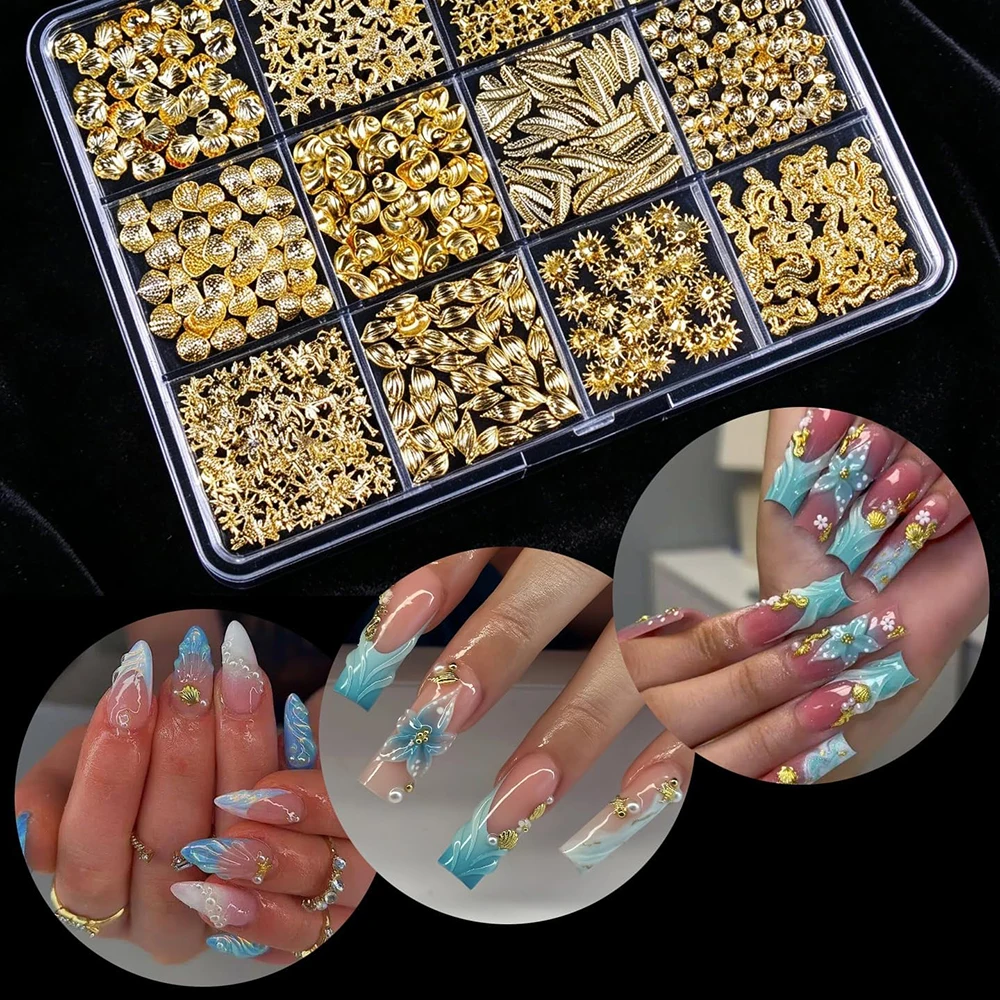 12 Styles Mixed Metal Nail Art Rivets 3D Ocean Theme Gold Shell Seahorse Starfish Conch Alloy Studs Manicure Decoration