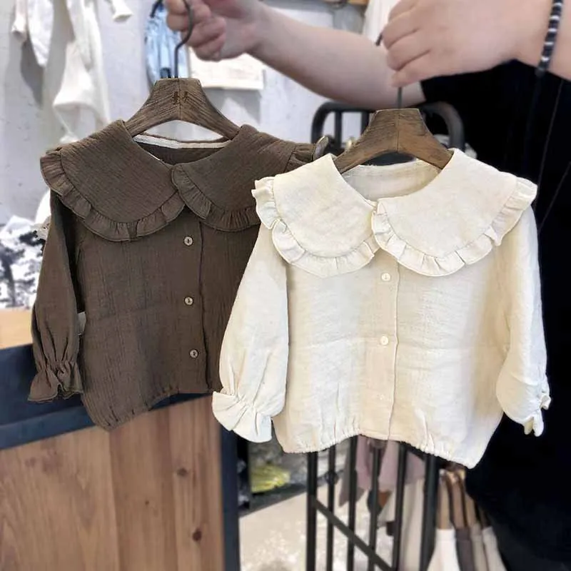 Blouses Girls Autumn Season 2023 New Korean Baby Long Sleeved Lotus Leaf Collar Undershirt Cotton Hemp Tops Button