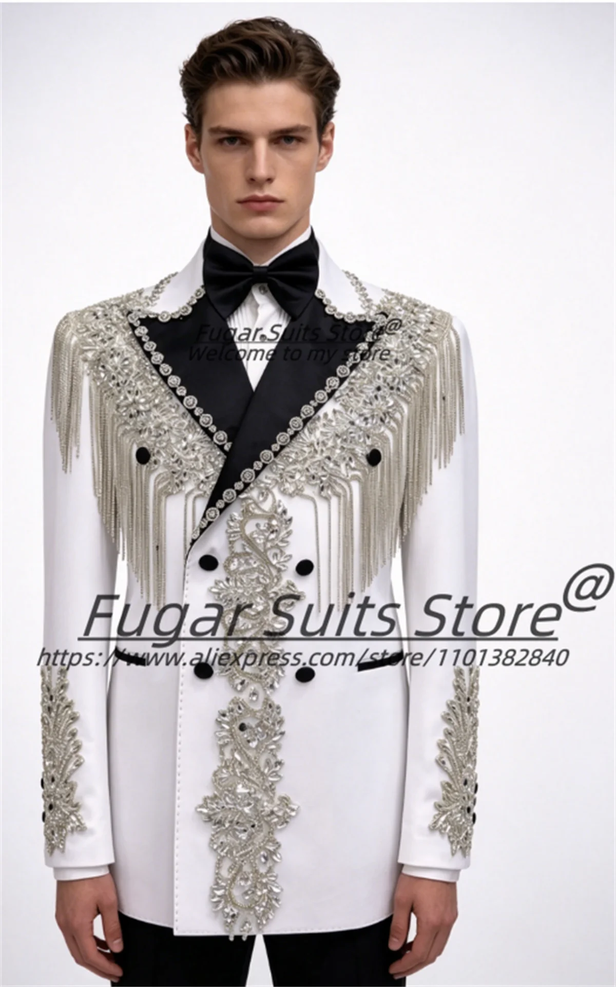 Sparkling Crystal Diamond Embroidery White Men Suits Male Evening Party Blazers  Customized Slim Double Breasted 2 Pieces Sets