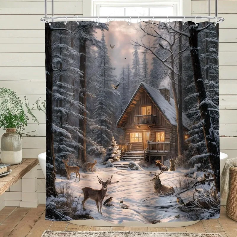Winter Christmas Forest Cabin Deer Pattern Shower Curtain 72x72 Inch Waterproof Fabric Bathroom Decor No Drilling Set