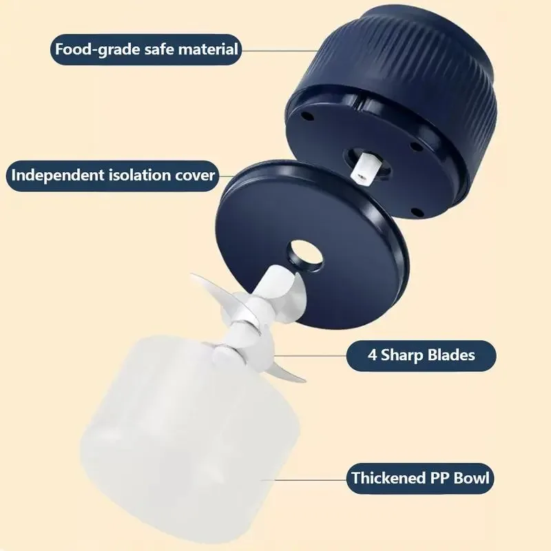 1pcs Electric Garlic Chopper, 4 Sharp Blades，Portable Veggie Chopper, 300ML Garlic Grinder Masher Onion Chopper, Blender to Vegetable, Cordless Food Processor for Ginger, Chili, Fruit, Meat, Spices, Beans, etc view 5
