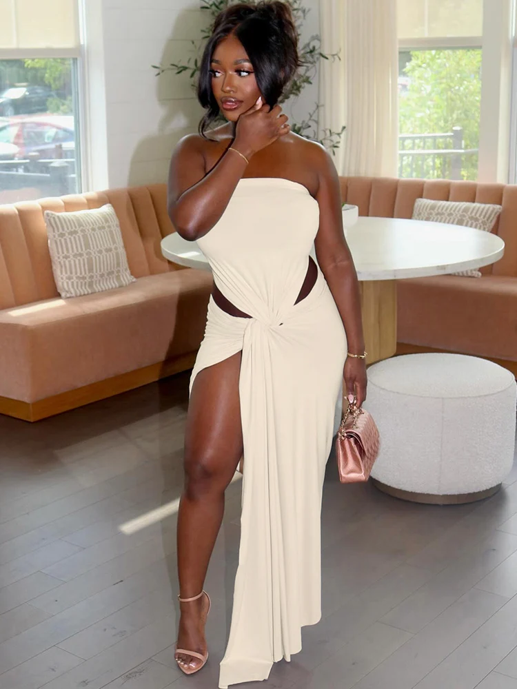 Cutenew sexy sem alças cintura vestido feminino oco fita ruched verão elegante magro elástico clube irregular divisão bodycon