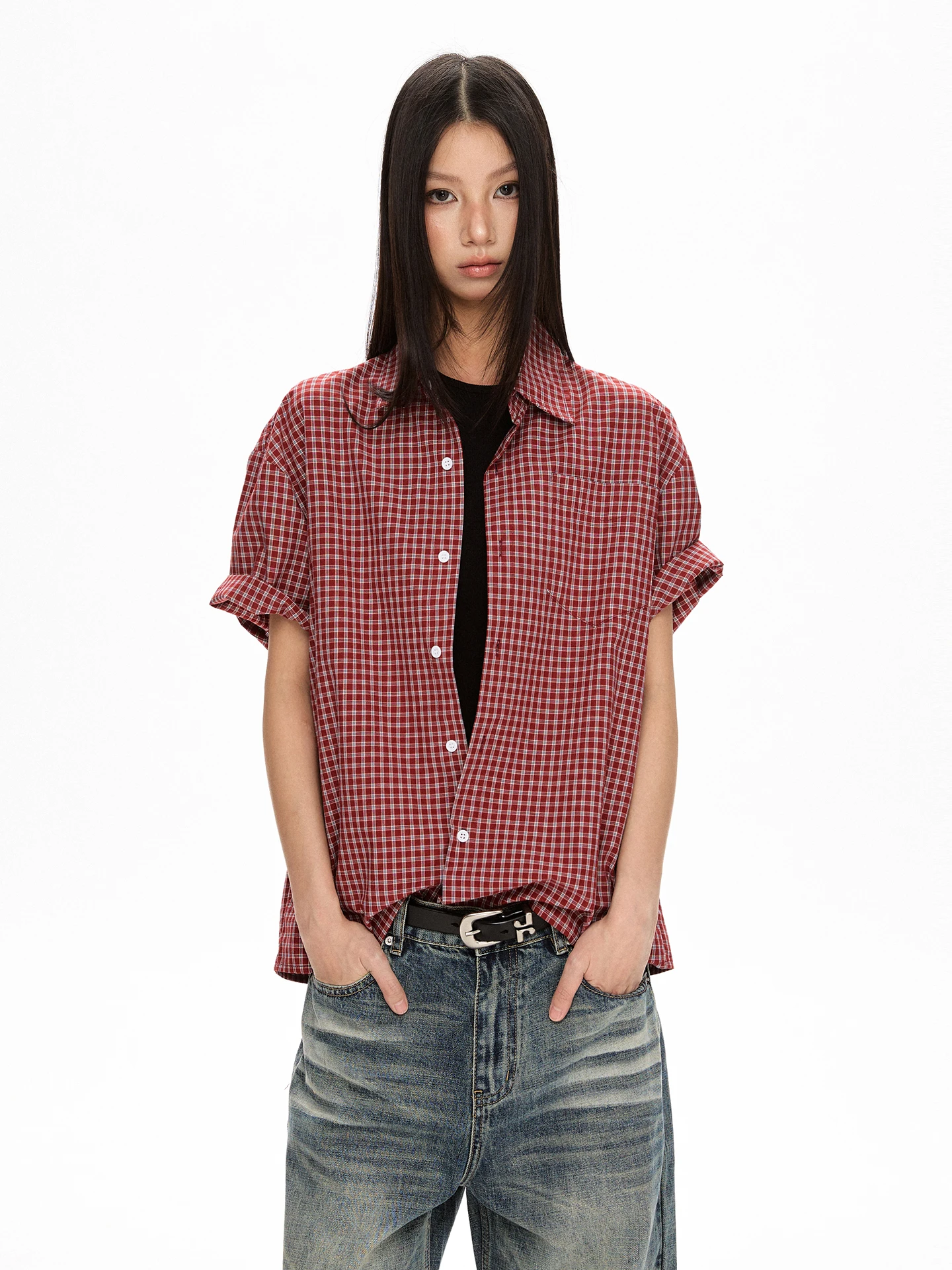 

VATTY American Retro Loose Casual Plaid Short Sleeve Shirt Neutral Fashion Commute High Intelligence Sensation Open Cardigan ...