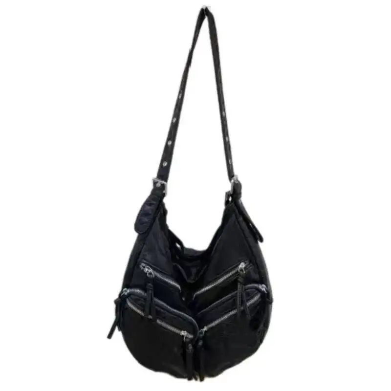 Retro Black Textured Tote Women Leather Large Capacity Multi Pocket Shoulder Ladies Hot Girl Punk Y2k Crossbody Bag 2025