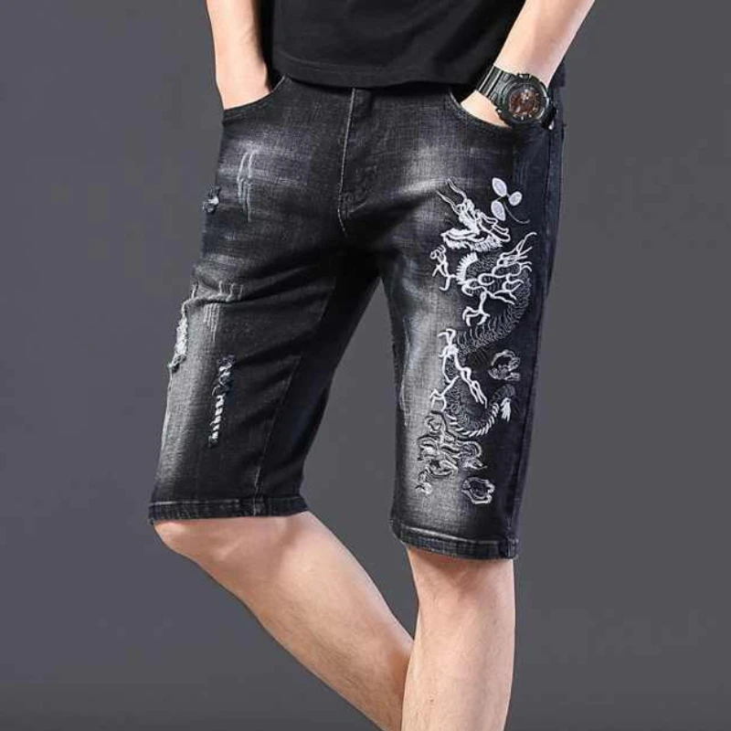 Men\'s Short Jeans Pants Bermuda Long Embroidery Male Denim Shorts Half Black Cowboy With Youthful Emo Rude Popular Trend 2024