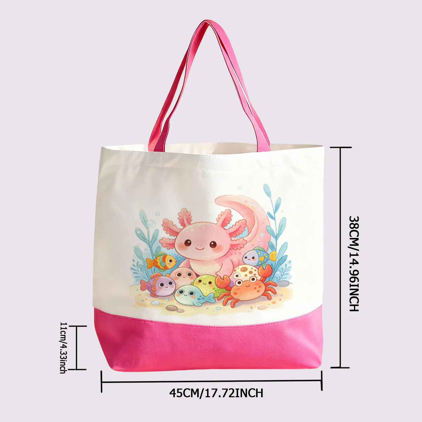 1PC Mexican Salamander (Axolotl) with Friends Color-Blocked Canvas Tote Bag, Versatile Shoulder Bag, Handheld Shopping Grocery E