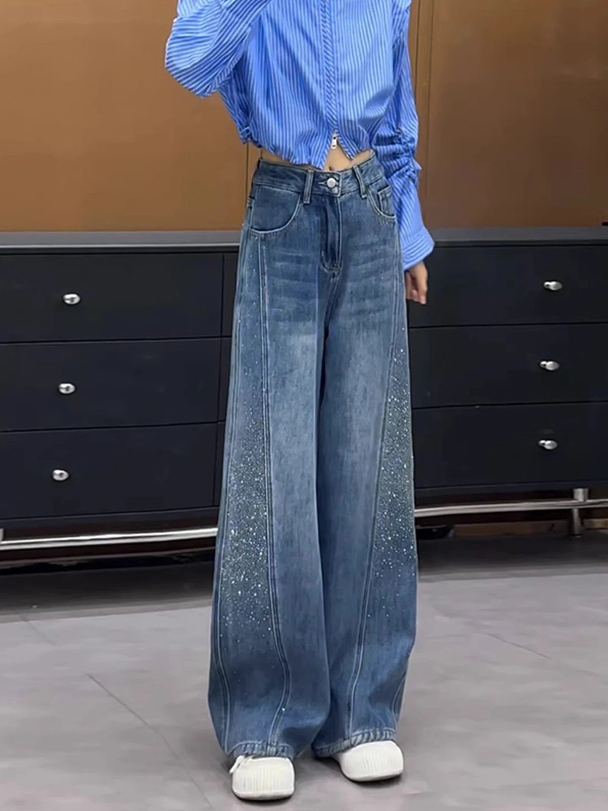 

Ретро-джинсы с пайетками и широкими штанинами для женщин, новые зимние, с высокой талией, облегающие, в пол, повседневные, с высокой талией