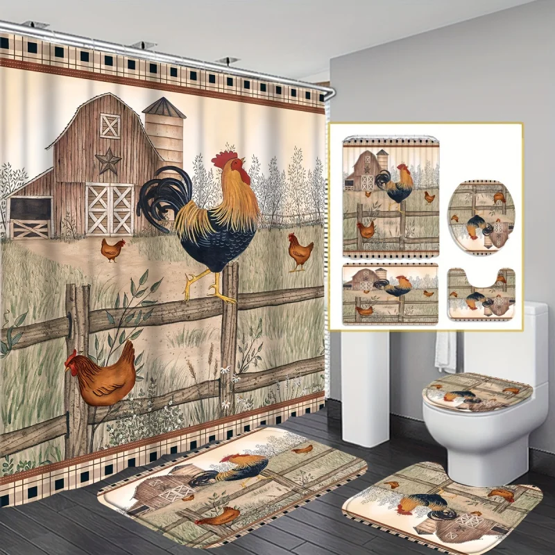 1/4pcs Fence & Rooster Printed Shower Set, Waterproof Bathroom Partition Curtain With Hooks, Non-Slip Bath Back, Toilet U