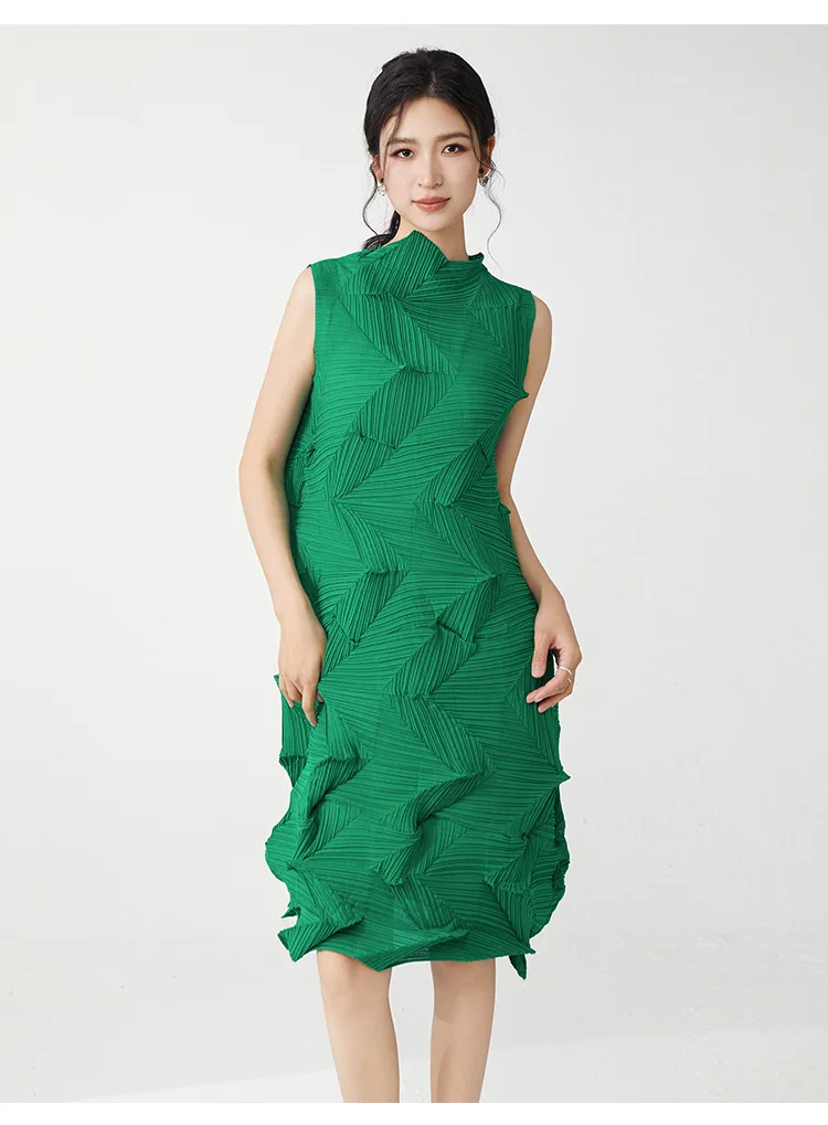Miyake Plissierter Einfarbiger Rock 2025 Sommer Neues Kleid Elegantes Ärmelloses Loses Vielseitiges Midikleid – Detail 8