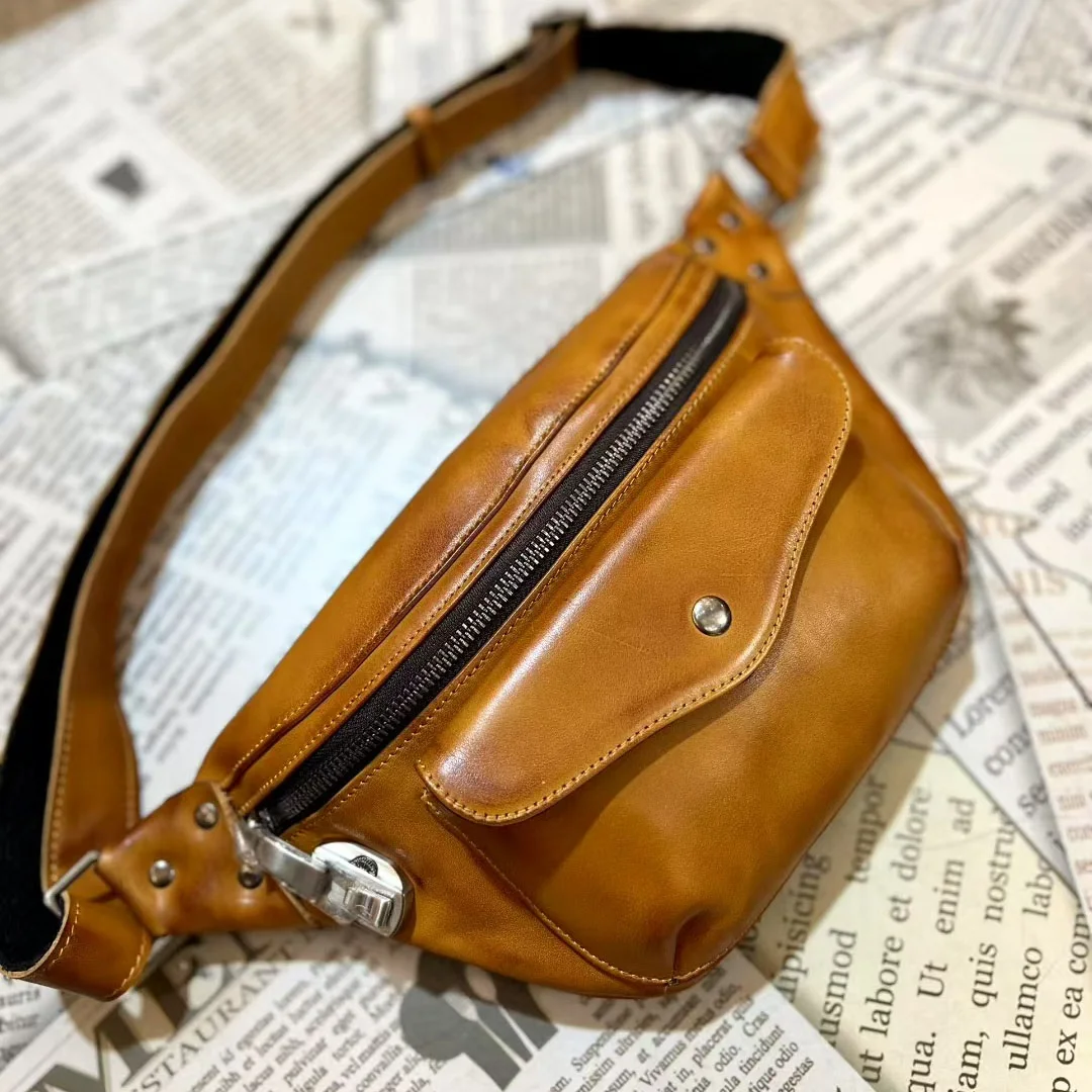 

Multifunctional First Layer Cow Leather Waist Bag Vintage Genuine Leather Chest Pack Boys Single Shoulder or Crossbody Bag