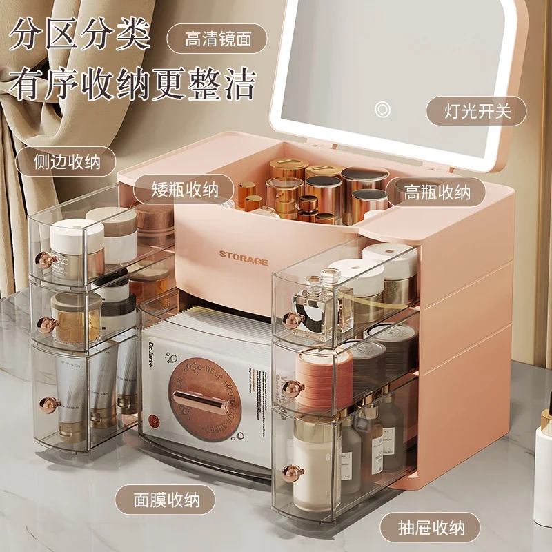 Cosmetics storage box with mirror integrated desktop dresser perfume rack lipstick skin care product finishing box