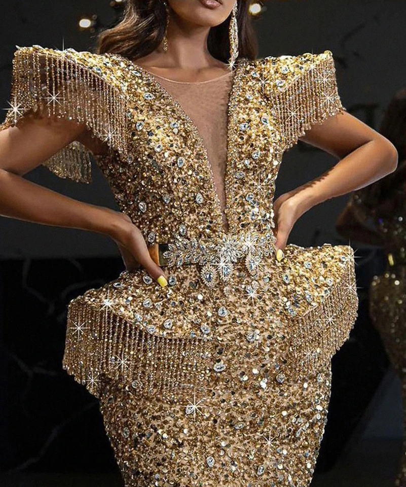 Robe de Soirée de Luxe à Paillettes Dorées pour Femme, Tenue Éducative Sexy, Col en V Profond, à la Mode, avec Perles et Pompons