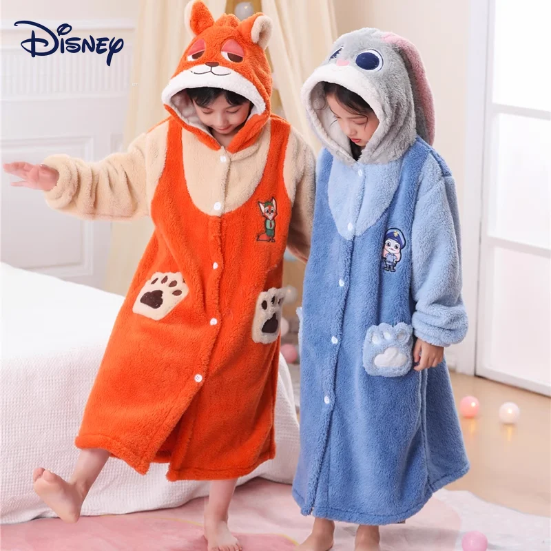 

Пижамы с героями мультфильма Disney Zootopia, Джуди и Ник, зимние теплые пижамы из кораллового флиса для детей, домашняя одежда, халат, подарок для детей