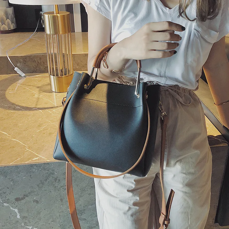 2023 New Fashion Women Bucket Bag Large Capacity PU Leather All-matched Shoulder Bags Ladies Texture Contrast Color Handbag