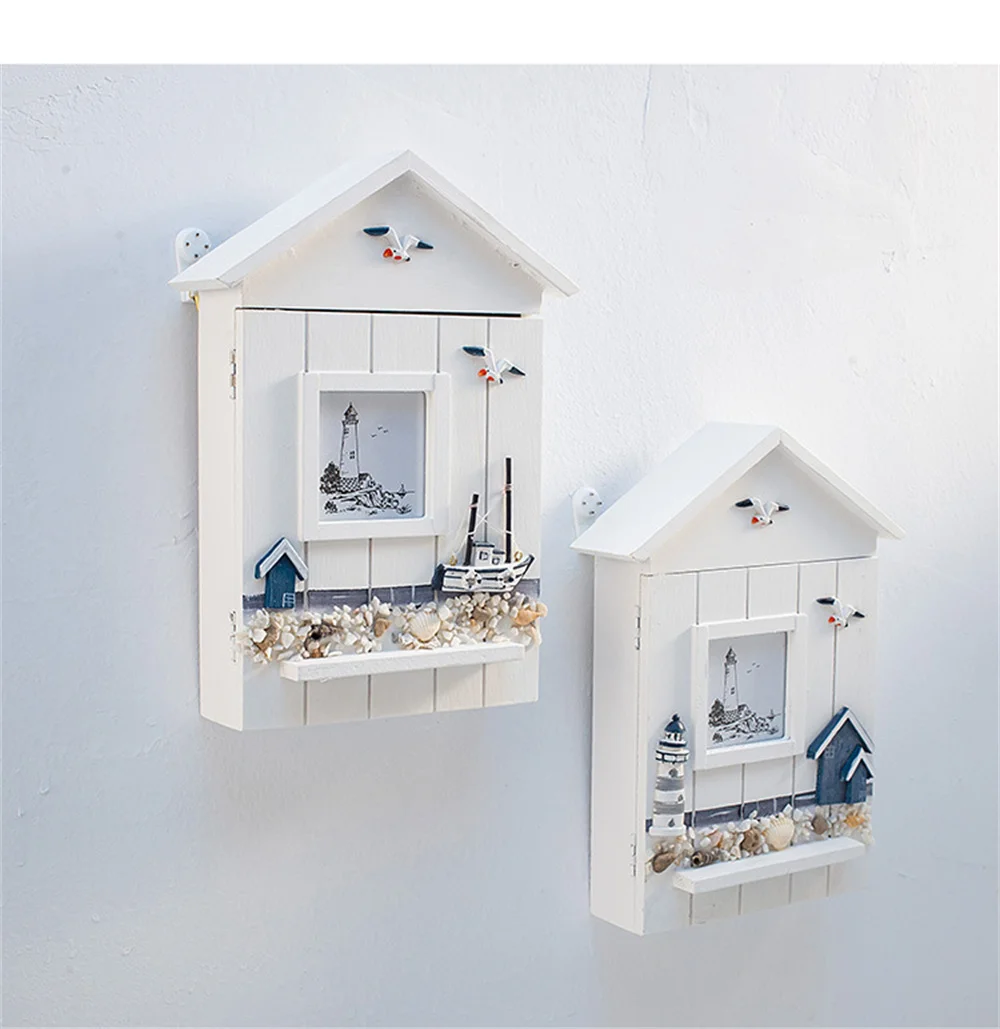 Sea Style Seabird Sea Tower White House Key Box Cabinet Living Room Wall Hanging Storage Box Home Decor Case Wood Craft Gifts