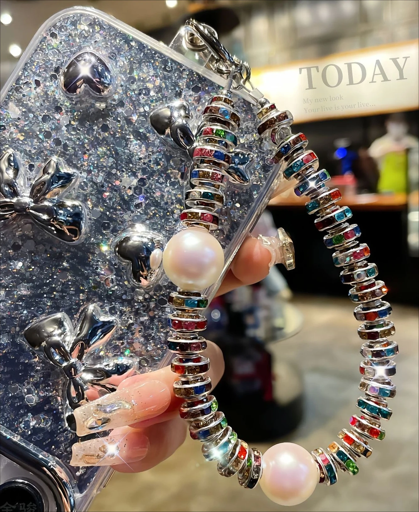 

Mobile Phone Chain Colorful Pearl Rhinestone Mobile Phone Bag Lanyard Women's Fashion New Accessories High-end Lanyard