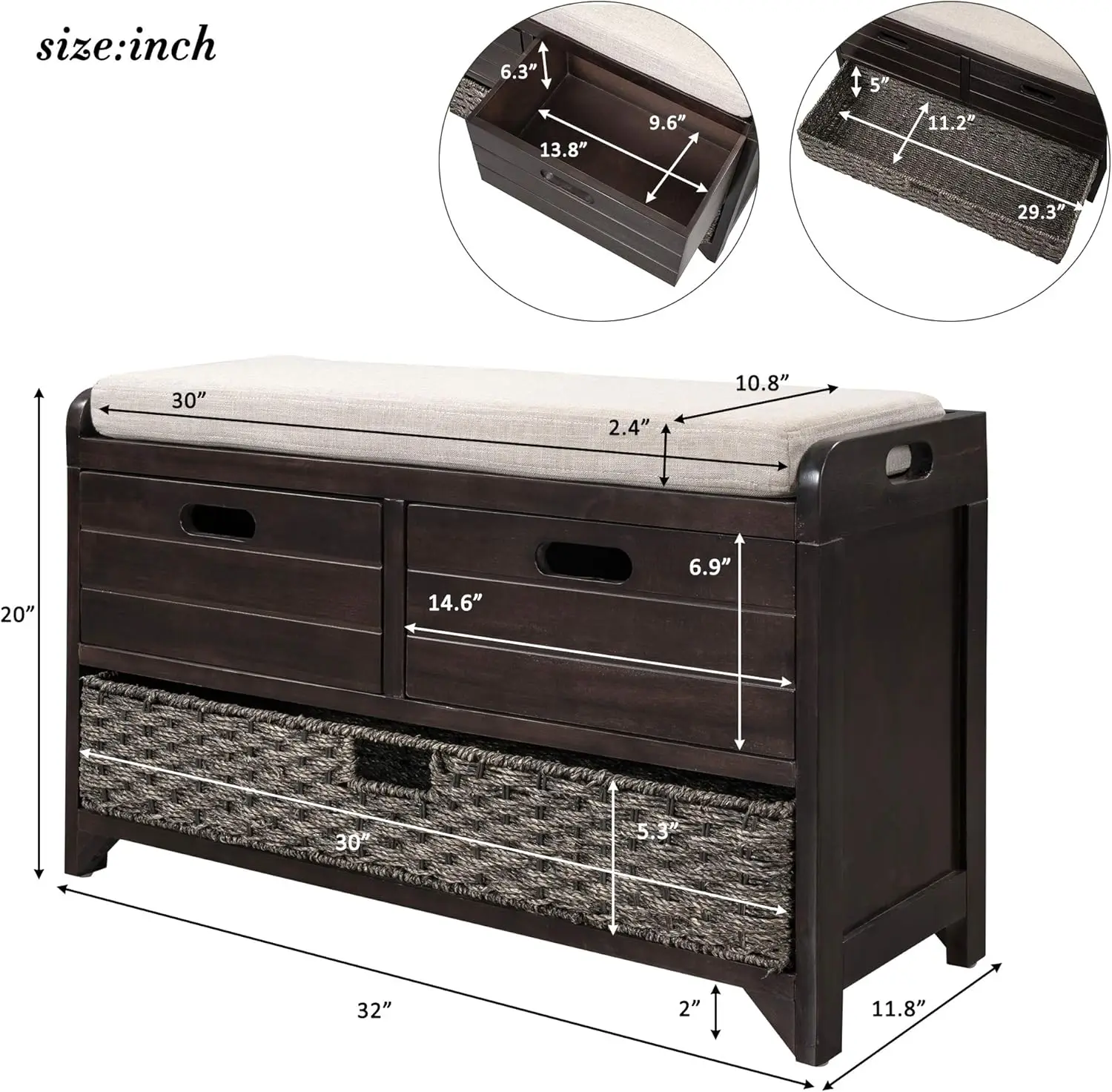 오토만이 있는 수납 벤치, 팜하우스 슈즈 벤치, 탈부착 가능한 바구니 및 서랍 2개, 에스프레소 색상, 완전 조립됨