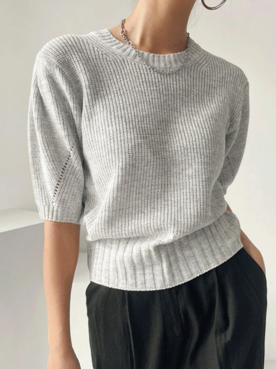 Chique verão anti-envelhecimento retrô redondo Ne Bubble Sve Top de malha de seda gelada feminino ort Sve tubo reto commute Sle Swe...