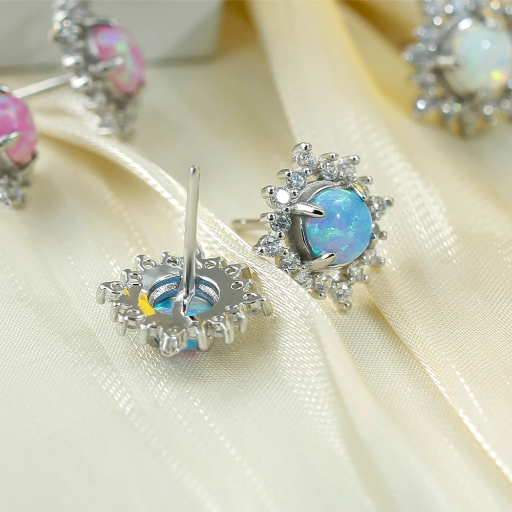 925 Sterling Silver Sun Shape Stud Earrings For Women Opal Stone Earring