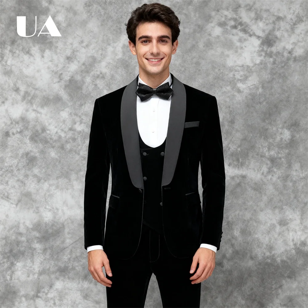 ULBYANRY Mens Velvet 3-Piece Suit Set， Shawl Neck One Button Suit Jacket Vest Pants Autumn Winter Formal Tuxedo Wedding Groom