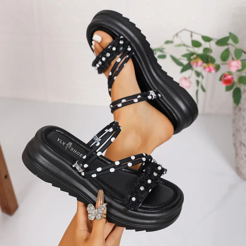 Bequeme Damen-Plateau-Sandalen für den Alltag, Stylische Polka-Dot Zwei-Wege-Sandalen, 2026 Neue Luxus-Damenpantoffeln mit Runder Spitze