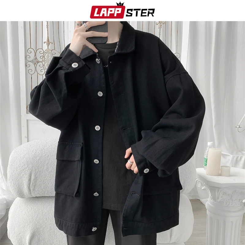 LAPPSTER Oversized Korean Fashion Cargo Bomber Jackets 2023 Y2k Pockets Varsity Jackets Coats Japanese Streetwear Black Jackets