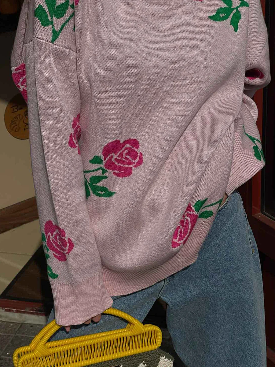 Suéter gráfico de flor de rosa feminino, manga comprida, gola O, pulôver de malha, solto, tops chiques, moda casual, outono, novo, 2022