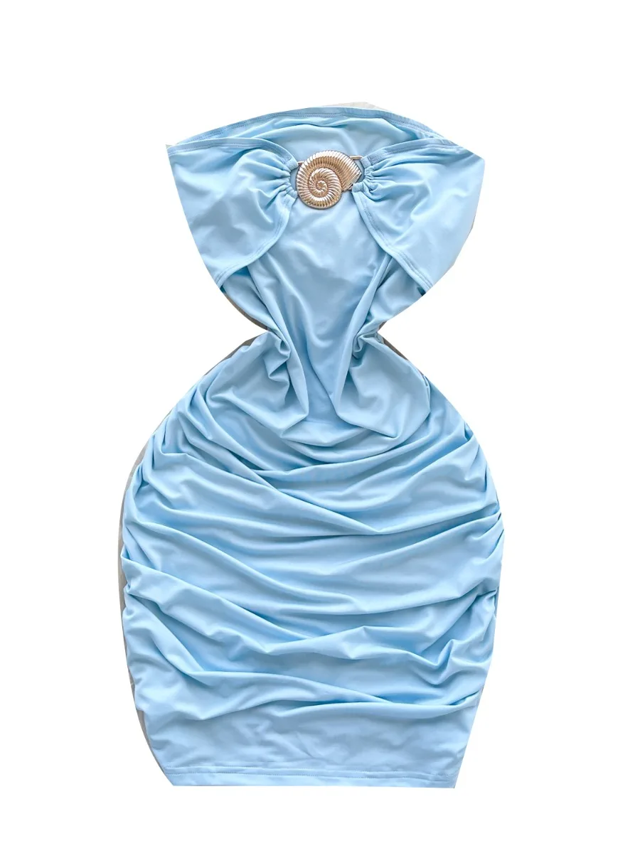 Foamlina Vacation Outfit Tube Dress Women Fashion Metal Buckle Sleeveless Bandeau Cinched Waist Bodycon Mini Dress