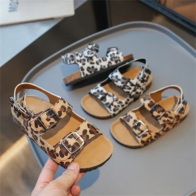 Children\'s Square Button Camo Open Toe Sandals Light Brown/black, Girls 2024 Summer New PU Outdoor Fashion Sandals, Size 26-36