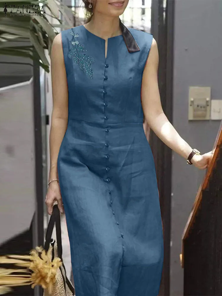 

ZANZEA Vintage Floral Embroidery Dress Summer Sundress Women Elegant Sleeveless O Neck Vestido Robe Fashion Work Holiday Dresses