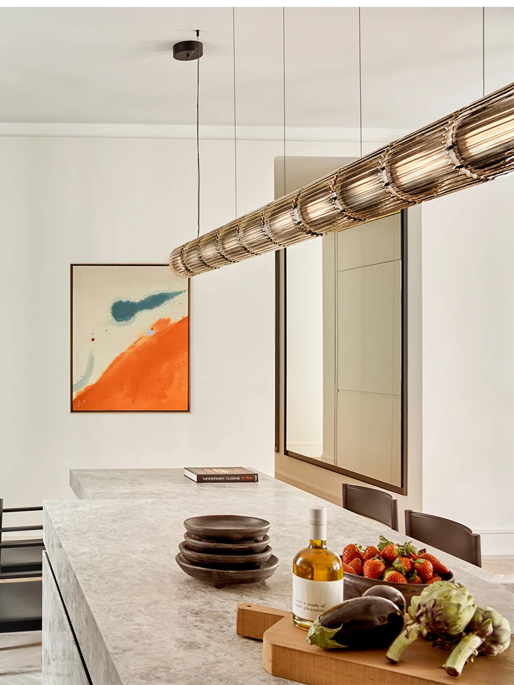 Long Stripe Pendant Light with Smoke Gray Glass Lampshade Nordic Restaurant Led Hanging Light Living Dining Room Pendant Lamp