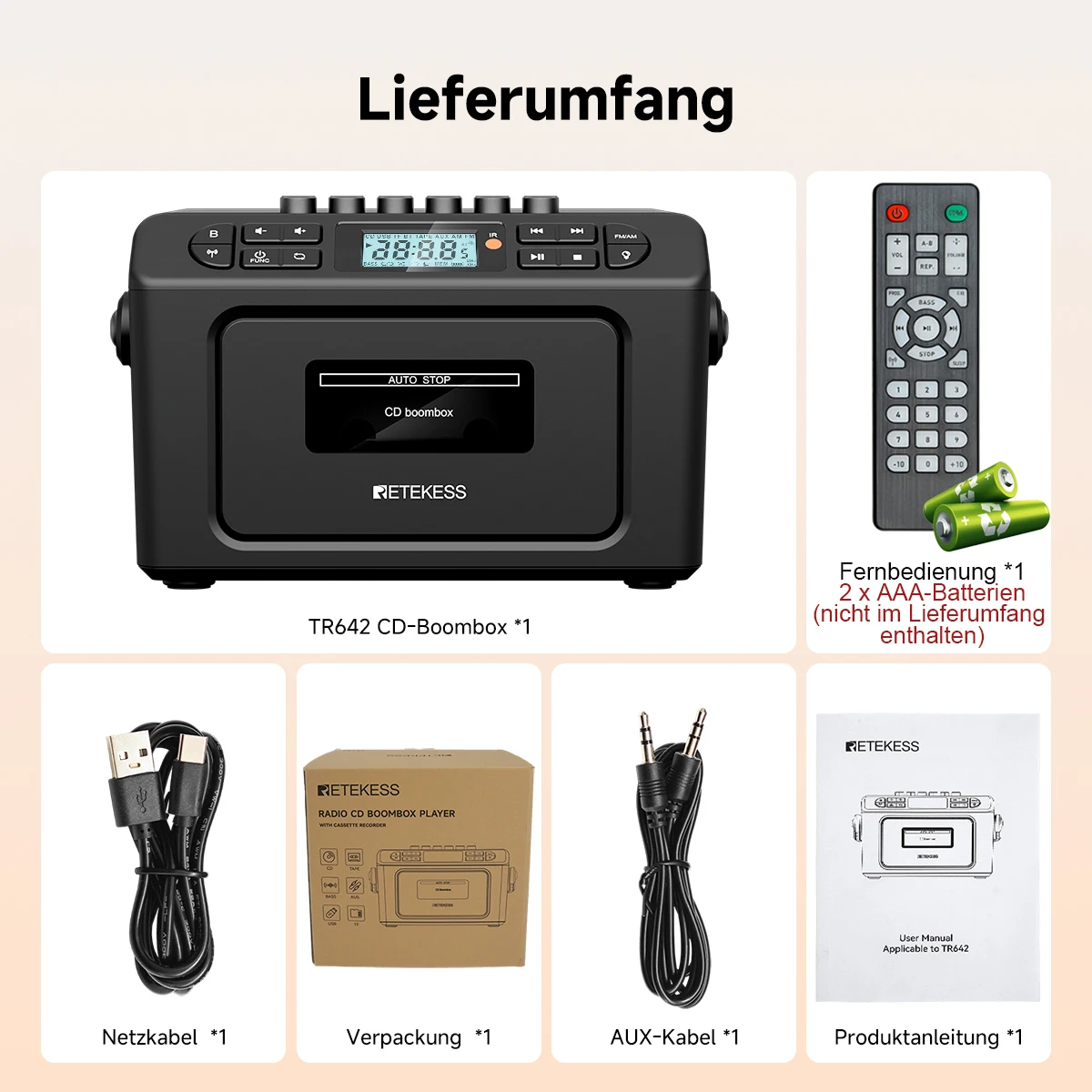 RETEKESS TR642 Multifunktionales Bluetooth-Radio CD AM FM Boombox Kassettenrekorder USB TF AUX Tragbarer CD-Player für Zuhause Geschenke – Detail 20